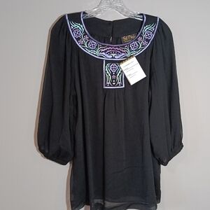 Bob Mackie Wearable Art Romantic Poly Crinkle Top with Embroidery Black S New